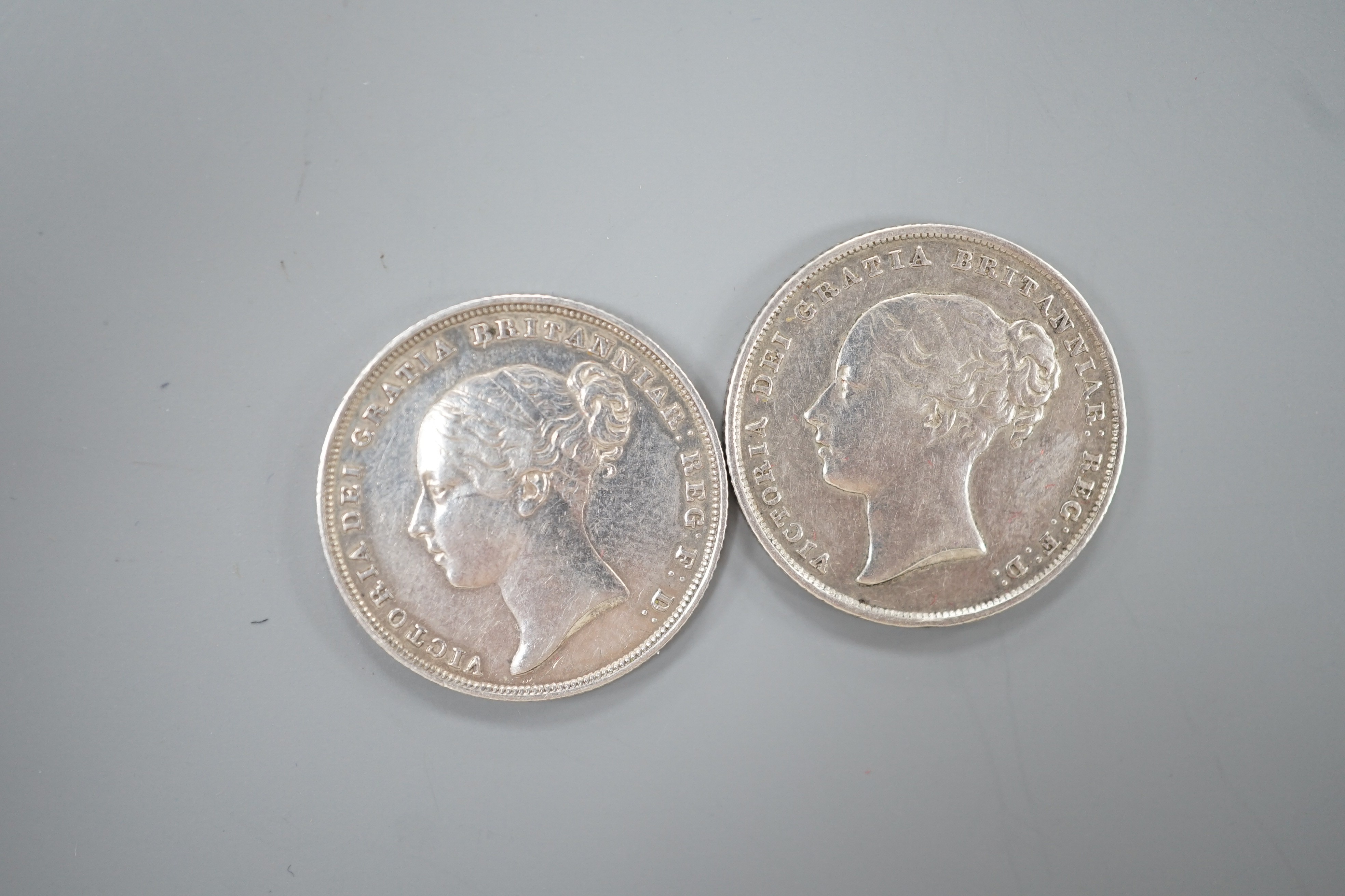 Two Victoria silver shillings 1838, GVF and 1853, VF